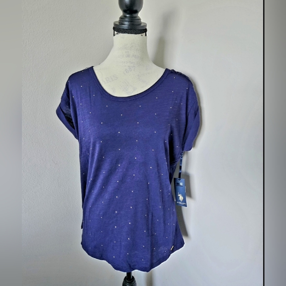 🔥US POLO Assn navy Blue Embellished cottonTop size large🔥